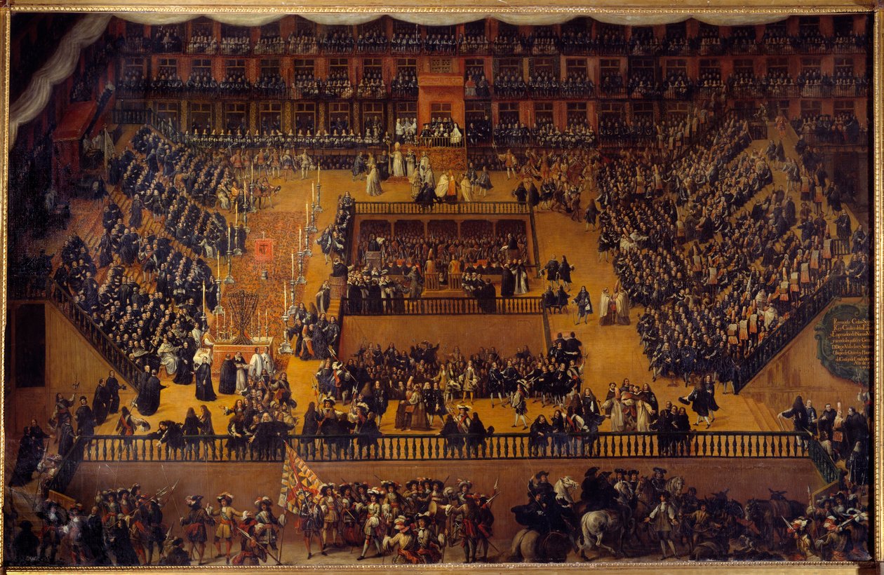 Inkvisitionspriser: "" Autodafe på Plaza Mayor i Madrid i närvaro av Charles II (Carlos II av Francisco Rizi