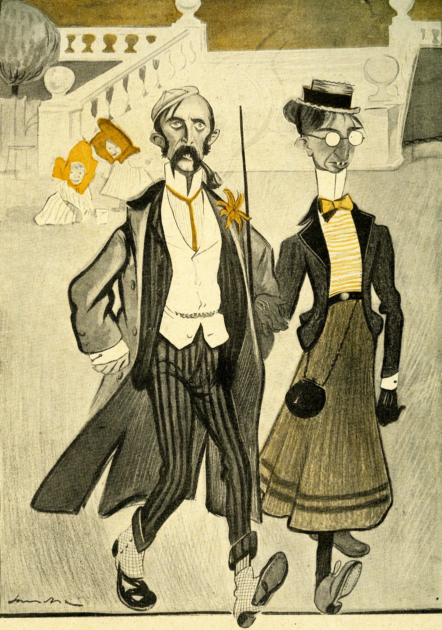 Ett engelskt par i Frankrike som hånas för deras konstiga modekänsla, 1903 av Francisco Sancha y Lengo