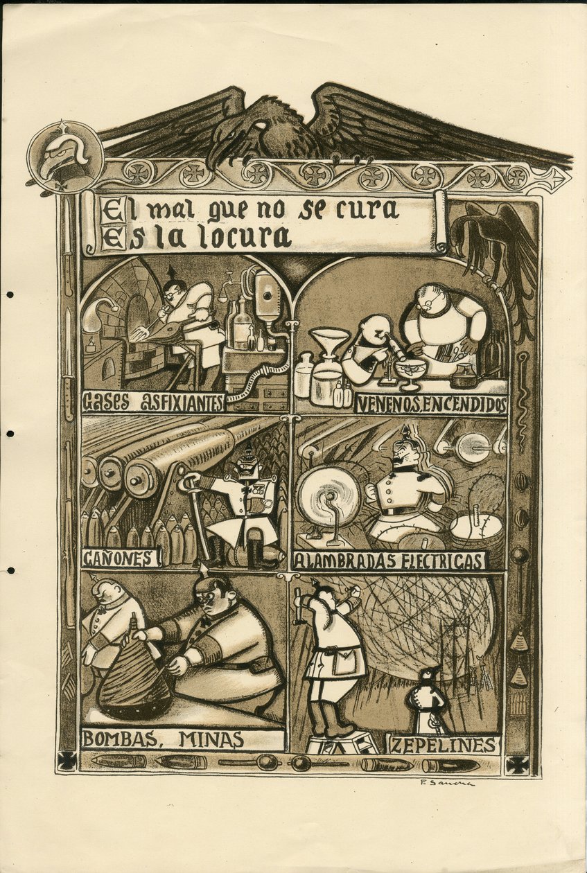 Illustration av Francisco Sancha Lengo (1874-1936) - Flygande löv, cirka 1915 - Det onda som inte kan botas är galenskap - Kriget 14 -18, Tyskland Preussen, Asphixiant gas, Spanska språket, Utländsk press av Francisco Sancha y Lengo