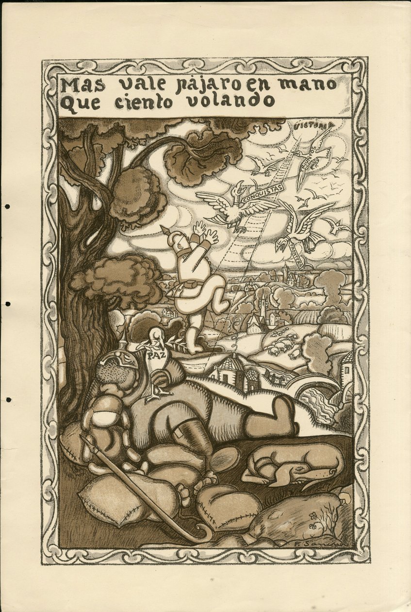 Illustration av Francisco Sancha Lengo (1874-1936) - Flying Leaf, ca. 1915 - Mer värd en fågel i handen än hundra flygande - Kriget 14 -18, Tyskland Preussen, krigande och symboler, Seger, Fred, Spanska språket, Utländsk press av Francisco Sancha y Lengo