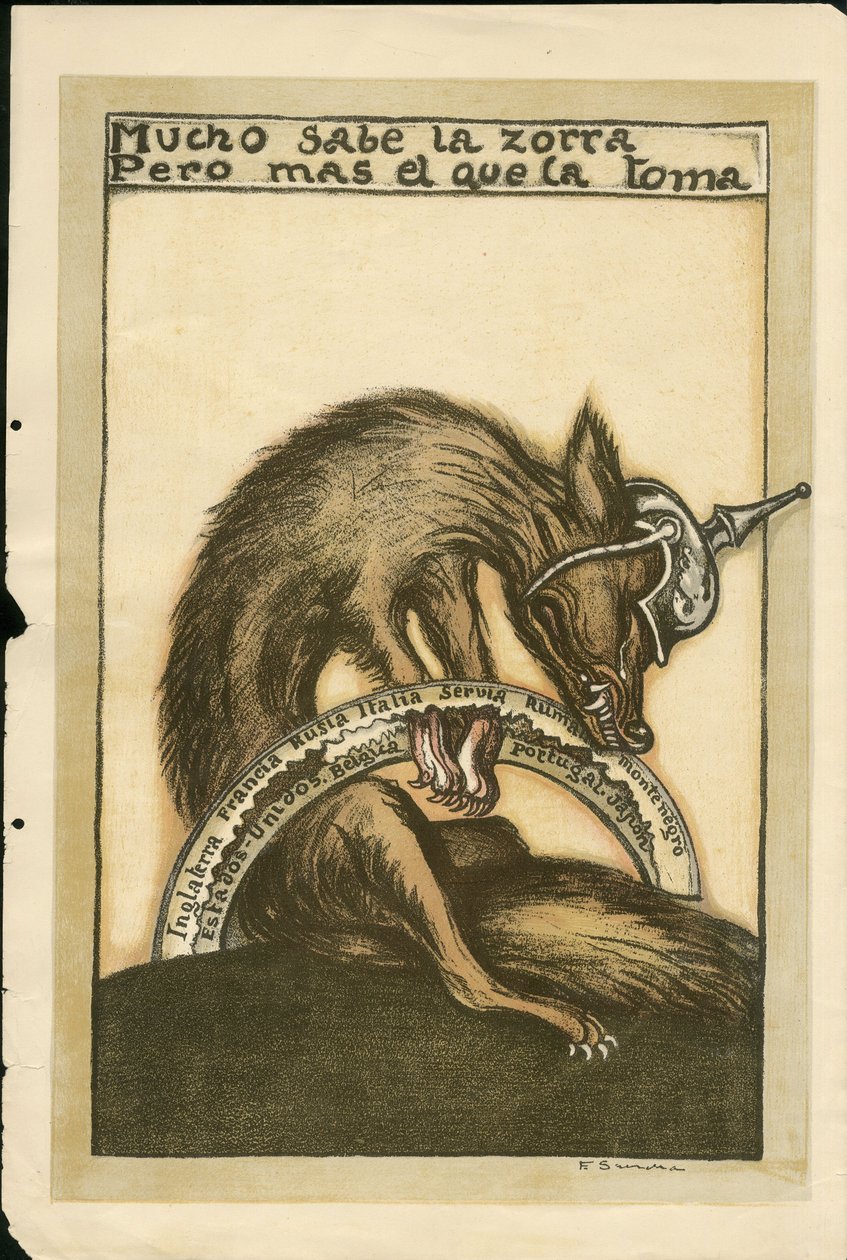 Illustration av Francisco Sancha Lengo (1874-1936) - Flygande löv, ca. 1915 - Mucho sabe la zorra pero mal el que la toma - 14-18 års krig, Tyskland Preussen, krigsfränder och symboler, allierade, spanska språket, utländsk press - räv -, obstruktion, anime av Francisco Sancha y Lengo