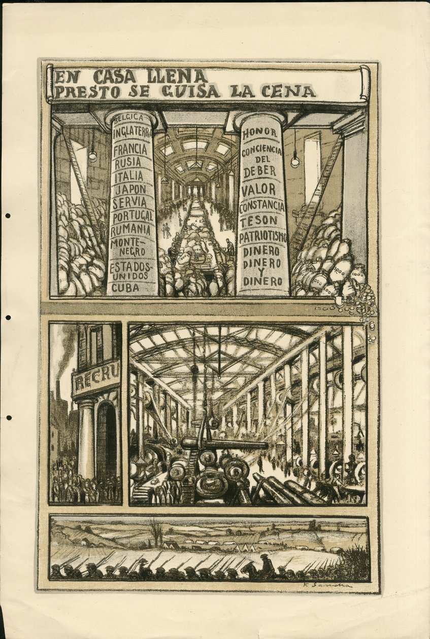 Illustration av Francisco Sancha Lengo (1874-1936) - Flygande löv, cirka 1915 - En casa llena presto se guisa la cena - War of 14 -18, Kanoner, granater, Industrifabriker, Spanska språket, Mobilisering, Utländsk press av Francisco Sancha y Lengo