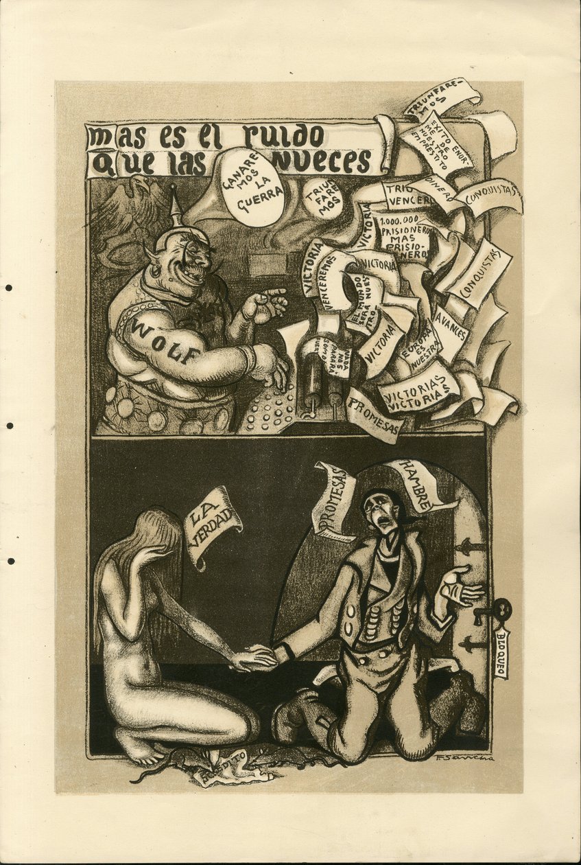 Illustration av Francisco Sancha Lengo (1874-1936) - Flygande löv, cirka 1915 - War of 14 -18, Wolff Agency, spanska språket, utländsk press av Francisco Sancha y Lengo