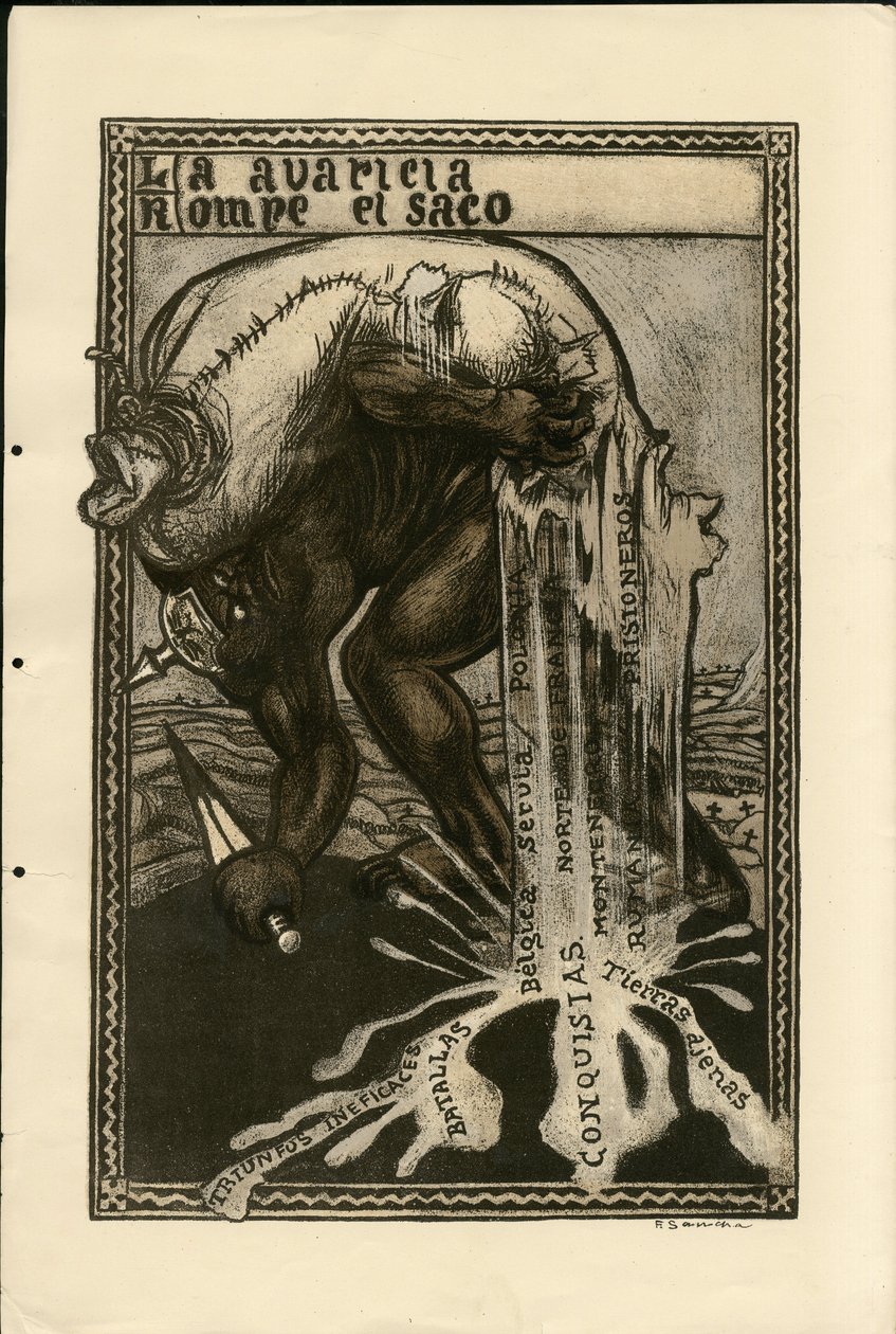 Illustration av Francisco Sancha Lengo (1874-1936) - Flygande löv, cirka 1915 - 14-18 års kriget, Tyskland Preussen, Silver, krigare och symboler, Spanska språket, Utländsk press av Francisco Sancha y Lengo