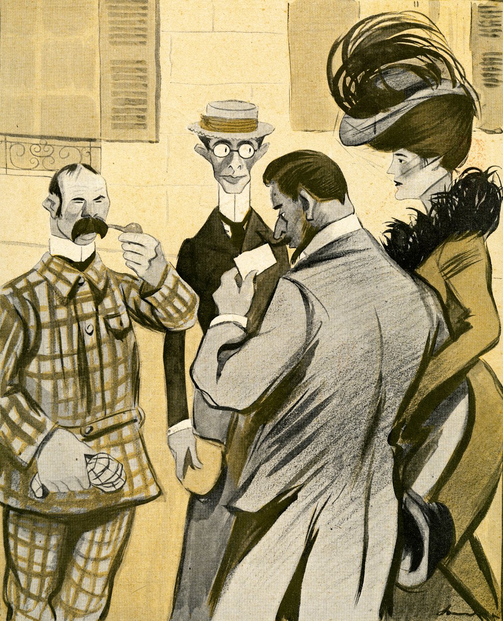 Två engelsmän frågar klumpigt ett glamoröst franskt par om vägen på dålig franska, 1903. av Francisco Sancha y Lengo