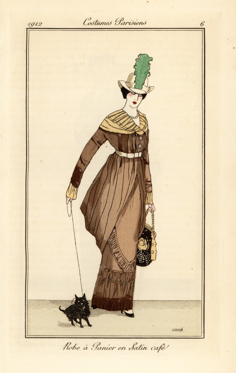Kvinna i korgklänning i kaffefärgad satäng med husdjurshund, etsning från Tommaso Antonginis Journal des Dames et des Modes, Aux Bureaux du Journal des Dames, Paris av Francesc Xavier Gosé