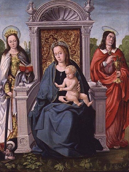 Madonna och barn med St. Catherine och St. John the Evangelist, ca 1530-40 (panel) av Francisco de (attr. to) Comontes
