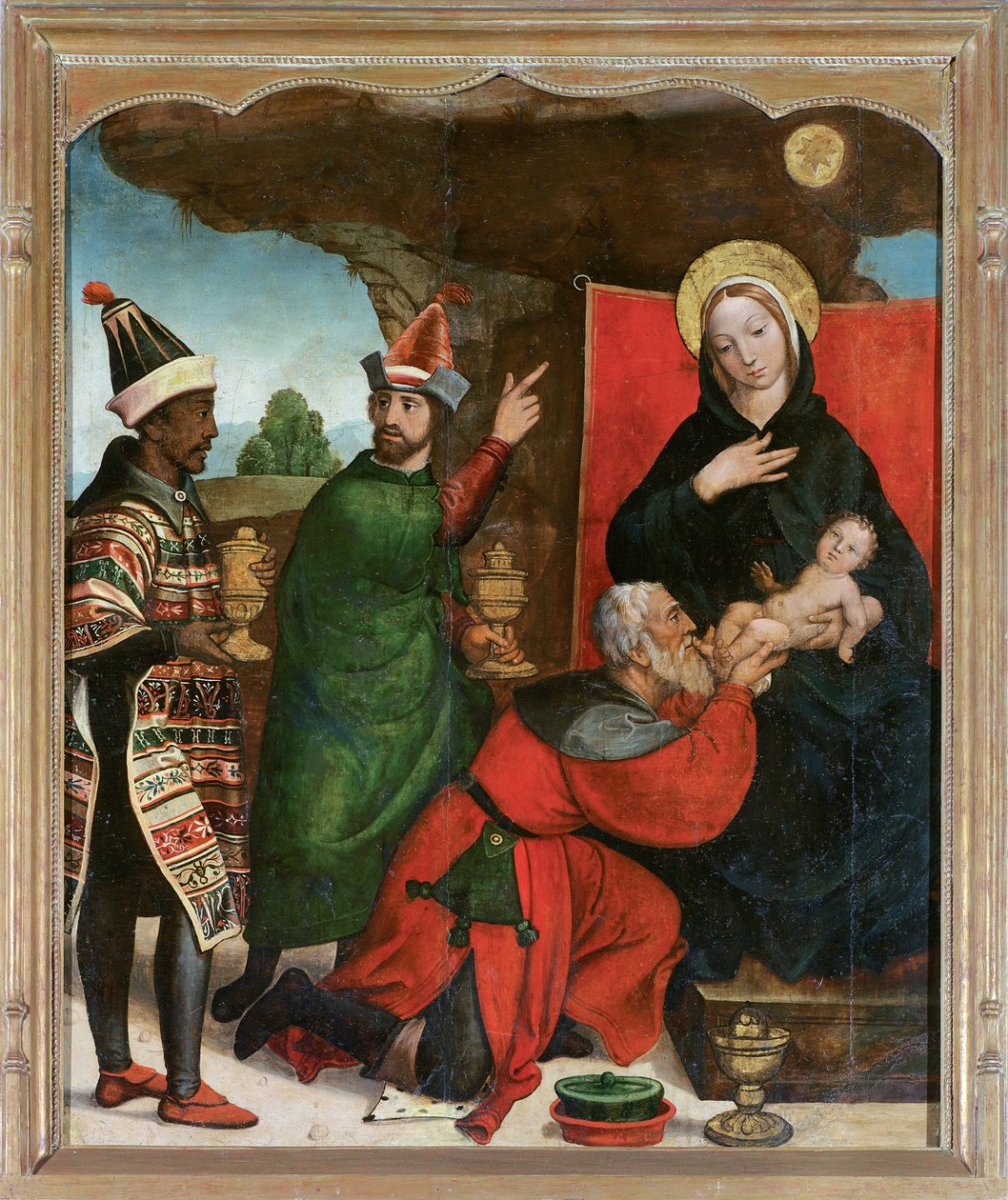 The Adoration of the Magi - Comontes, Francisco de (aktiv 1524-1565) - 1535-1540 - Olja på trä - 129x103 - Museo de Bellas Artes, Salamanca av Francisco de Comontes