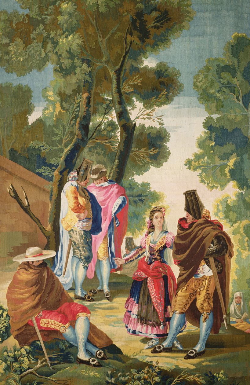 En Maja och de maskerade männen , ca 1777 (gobeläng) av Francisco de Goya