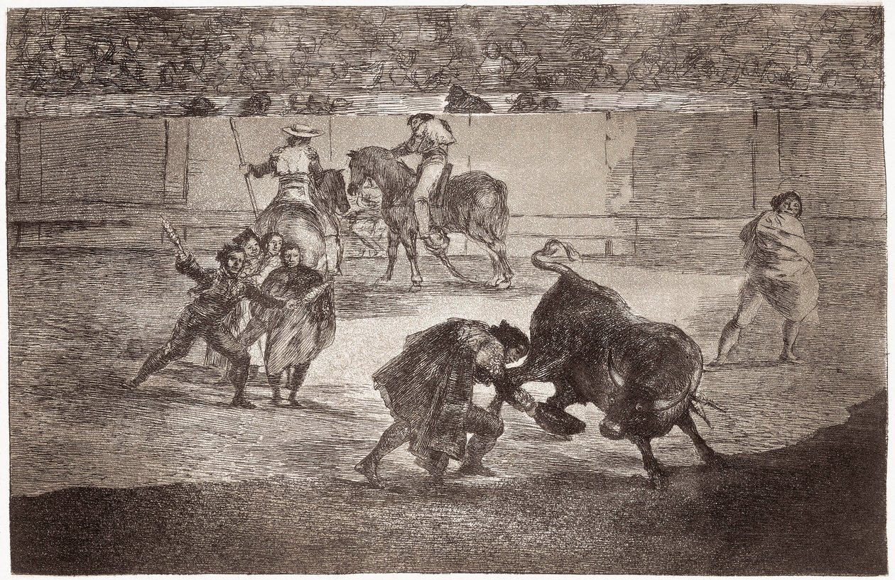 Tjurfäktning: en tjurfäktare går in på arenan för att döda tjuren med en hatt istället för muletan av Francisco de Goya