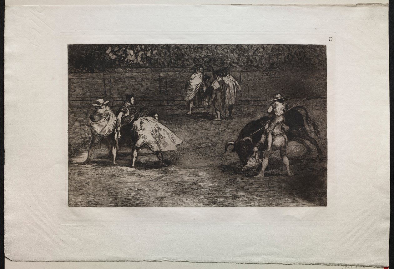 Tjurfäktningar: En tjurfäktare monterad på en assistents axlar, spjut en tjur, 1876. av Francisco de Goya