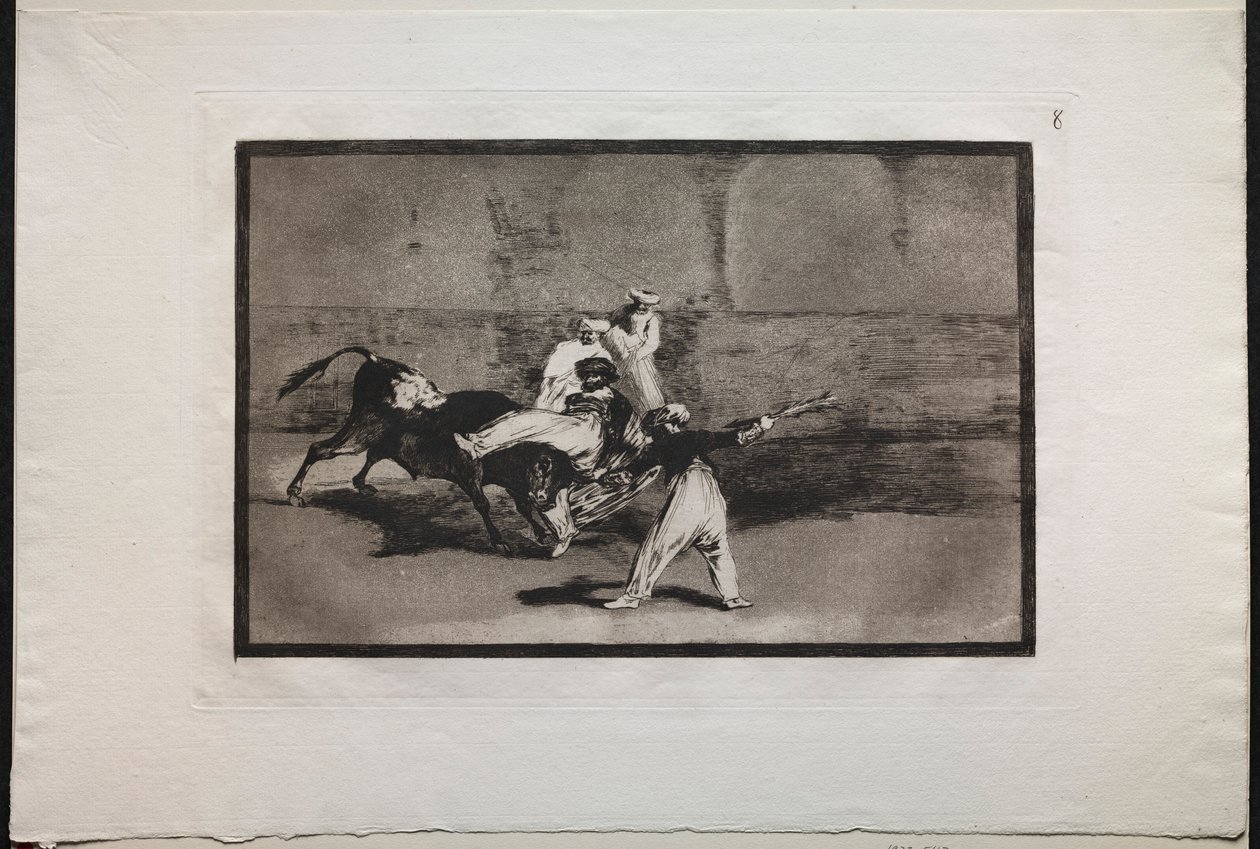 Tjurfäktningar: A Moor Cathed by a Bull in the Ring, 1876. av Francisco de Goya