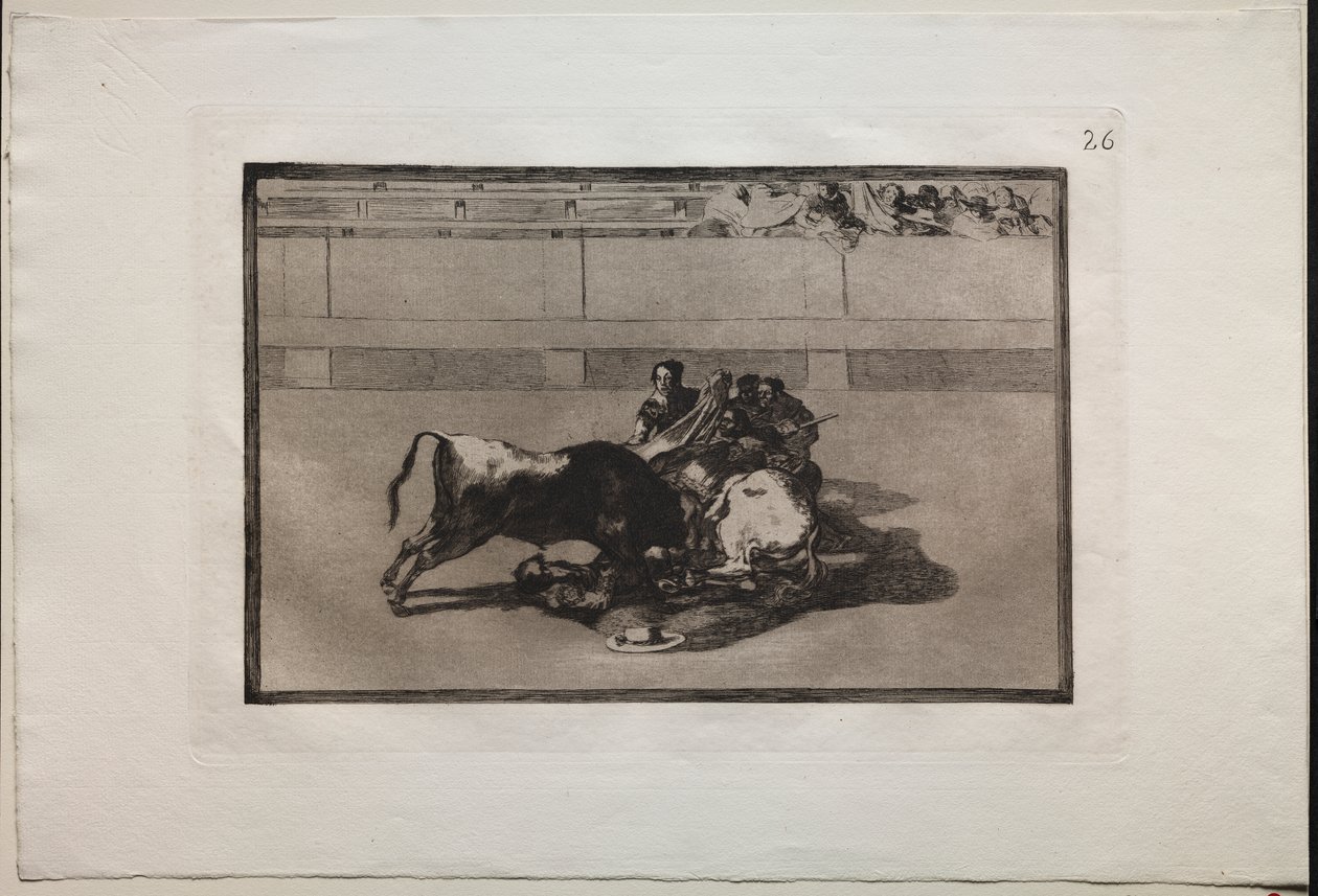 Tjurfäktningar: En Picador är Unhorsed och faller under tjuren av Francisco de Goya