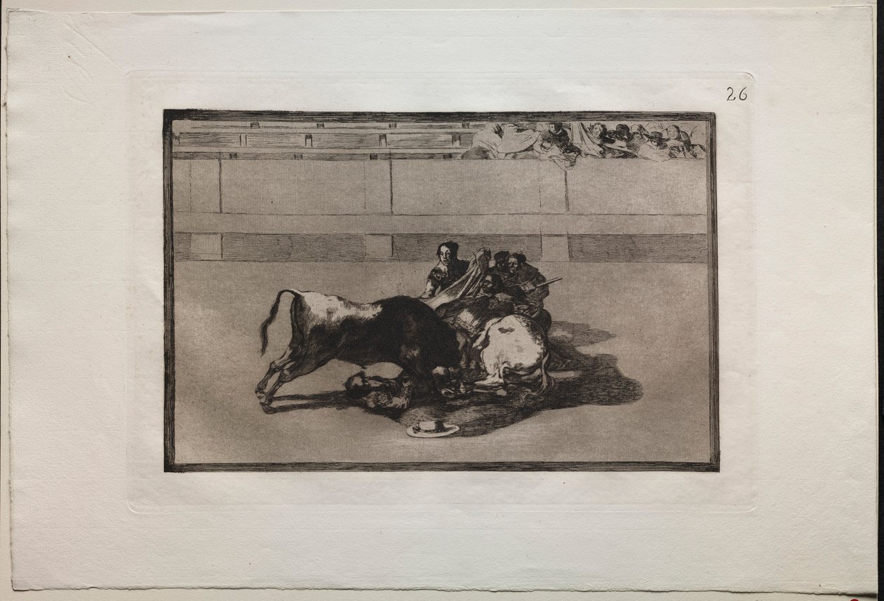 Tjurfäktningar: En Picador är unhorsed och faller under tjuren, 1876. av Francisco de Goya