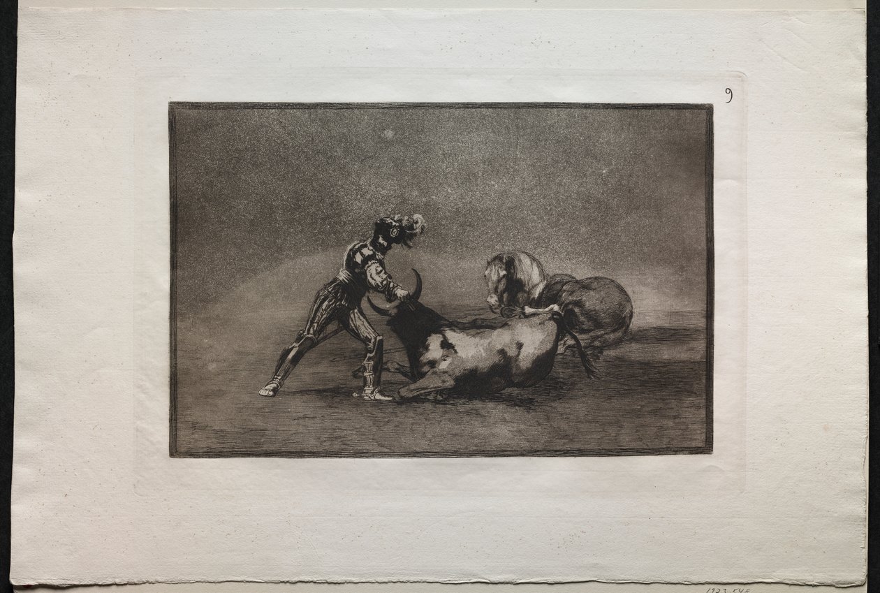 Tjurfäktningar: En spansk riddare dödar tjuren efter att ha förlorat sin häst av Francisco de Goya
