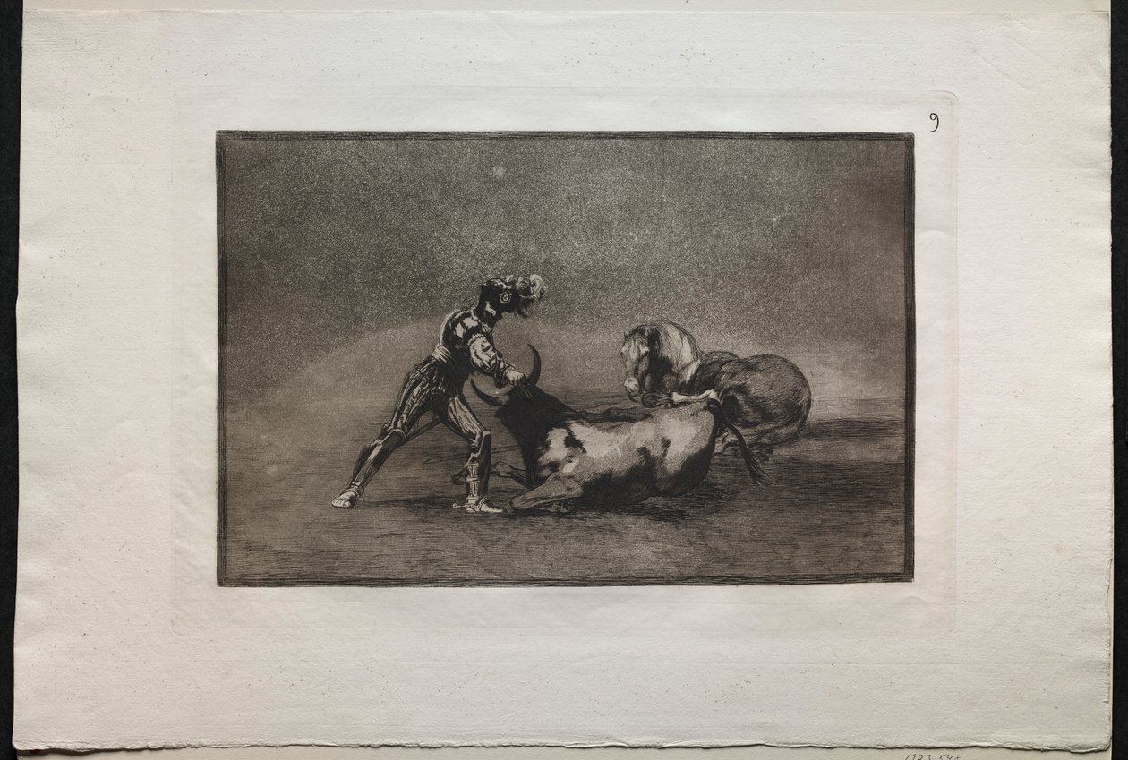Tjurfäktningar: En spansk riddare dödar tjuren efter att ha förlorat sin häst, 1876. av Francisco de Goya