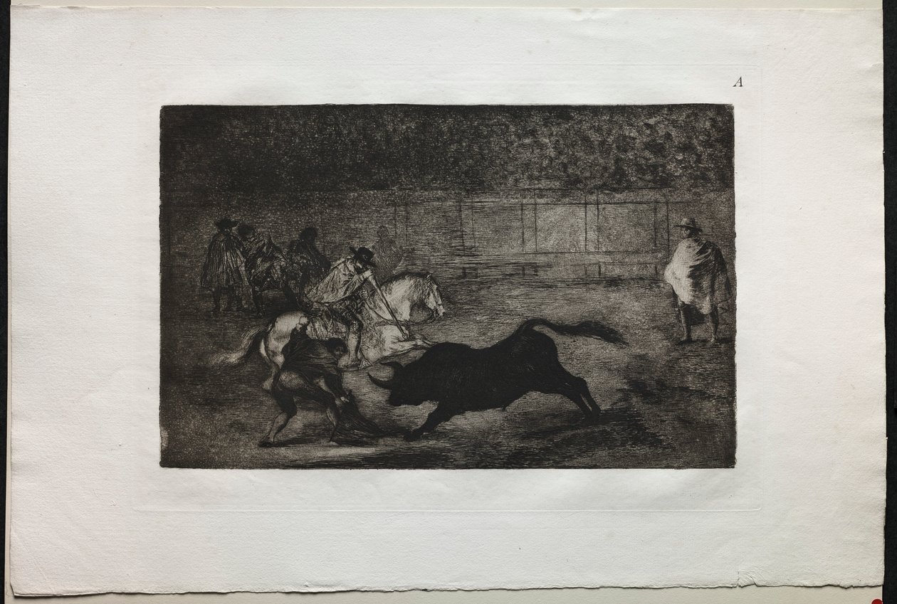 Tjurfäktningar: En spansk riddare som bryter korta spjut med hjälp av assistenter, 1876. av Francisco de Goya
