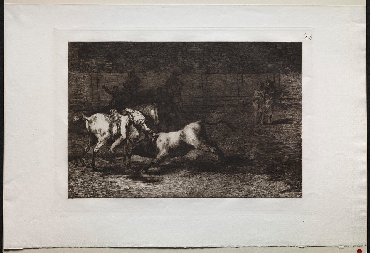 Tjurfäktningar: Mariano Ceballos, Alias the Indian, Kills the Bull From his Horse, 1876. av Francisco de Goya