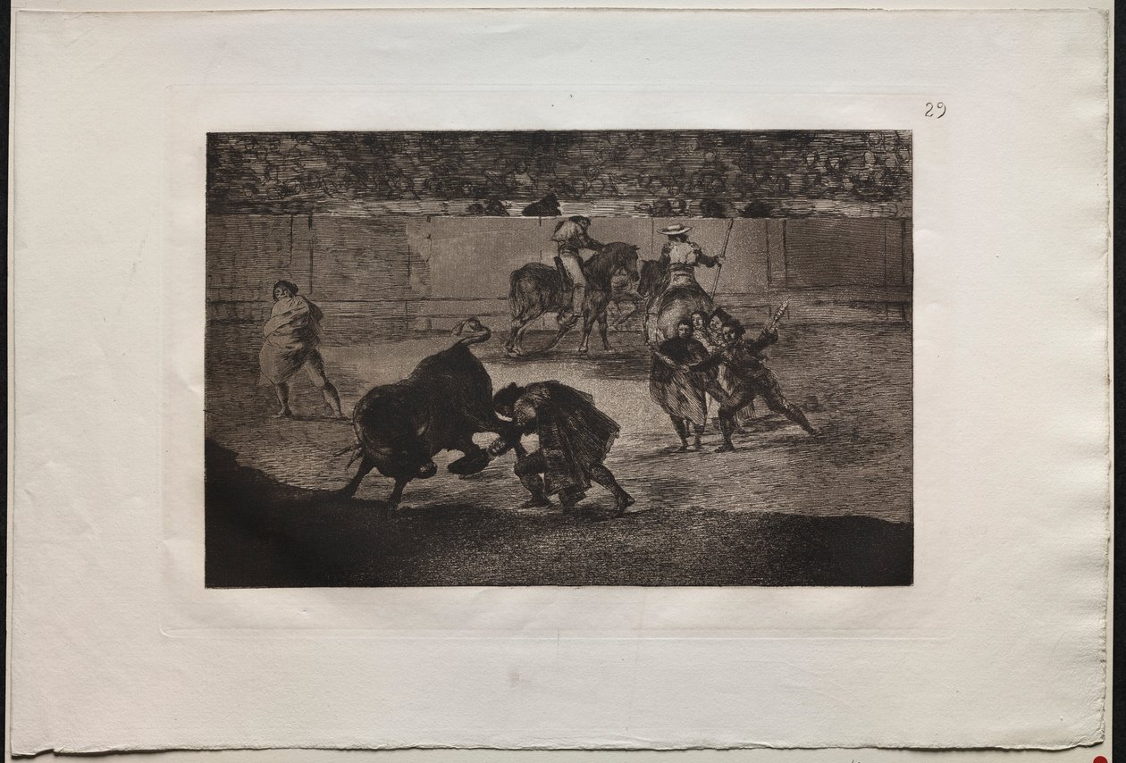 Tjurfäktningar: Pepe Illo Making the Pass of the Recorte, 1876. av Francisco de Goya