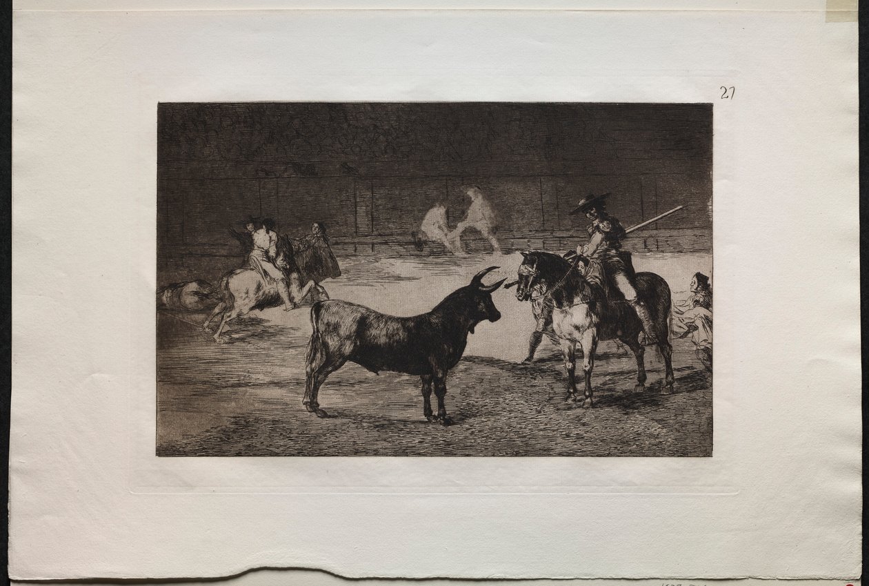 Tjurfäktningar: The Celebrated Picador, Fernando del Toro, Draws the Fierce Beast on..., 1876. av Francisco de Goya