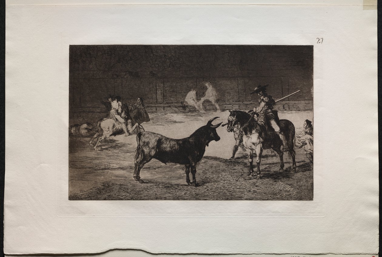 Tjurfäktningar: The Celebrated Picador, Fernando del Toro, Draws the Fierce Beast på med sin Pique av Francisco de Goya