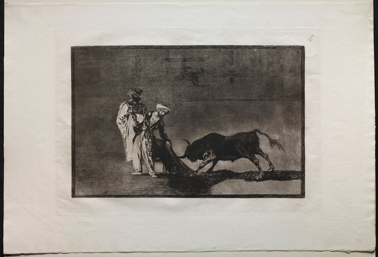 Tjurfäktningar: Morerna gör ett annat spel i ringen Calling the Bull with the Burnous, 1876. av Francisco de Goya
