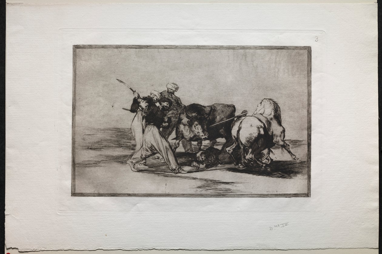 Tjurfäktningar: Morerna bosatte sig i Spanien och gav upp Koranens vidskepelse, 1876. av Francisco de Goya