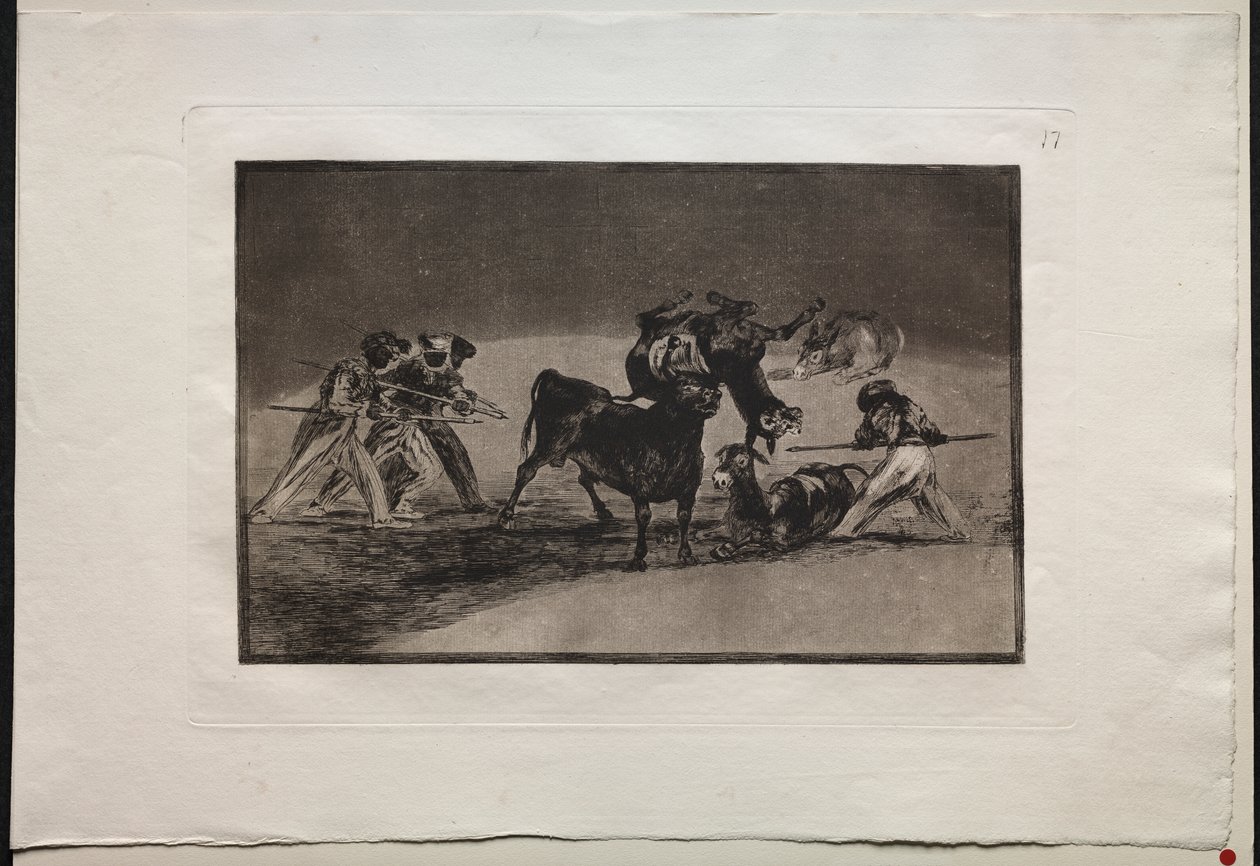 Tjurfäktningar: Morerna använder åsnor som en barriär för att försvara sig mot tjuren vars horn har tippats med bollar av Francisco de Goya