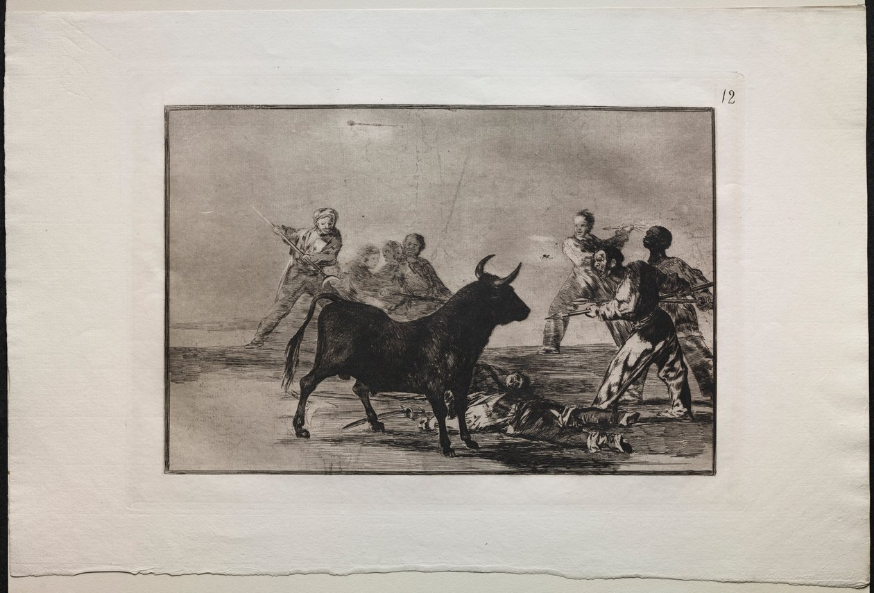 Tjurfäktningar: The Rabble Hamstringing the Bull with Lances, Sickles, Banderillas and Other Arms, 1876. av Francisco de Goya
