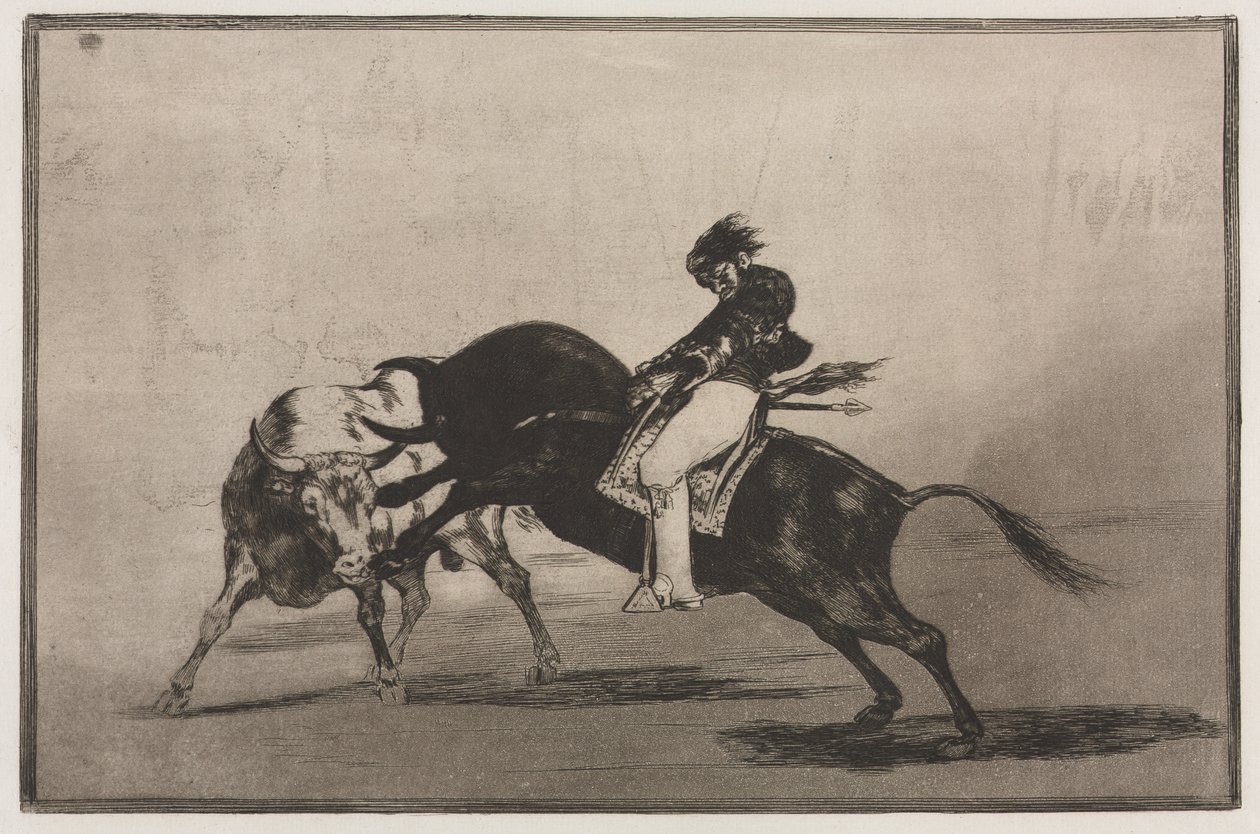 Tjurfäktningar: Samma Ceballos monterad på en annan tjur bryter korta spjut i ringen i Madrid av Francisco de Goya