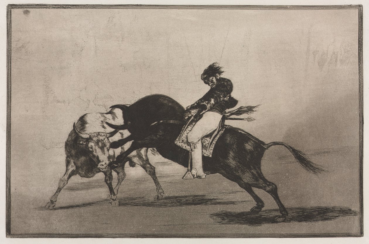 Tjurfäktningar: Samma Ceballos monterad på en annan tjur bryter korta spjut i ringen, 1876. av Francisco de Goya