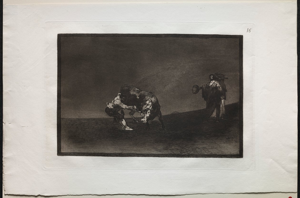 Tjurfäktningar: Samme man kastar en tjur i ringen i Madrid, 1876. av Francisco de Goya