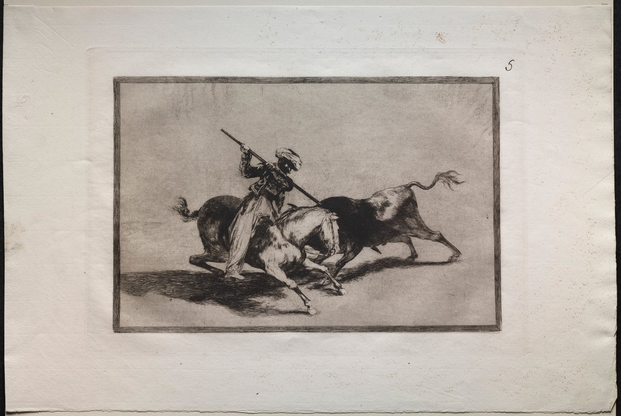 Tjurfäktningar: The Spirited Moor Gazul är den första att slåss enligt reglerna, 1876. av Francisco de Goya
