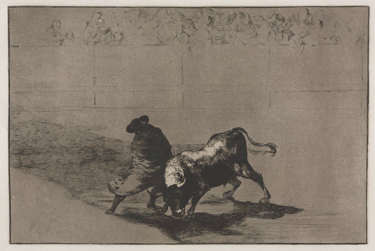 Tjurfäktningar: The Very Skilful Student of Falces, Wrapped in his Cape, Tricks the Bull..., 1876. av Francisco de Goya