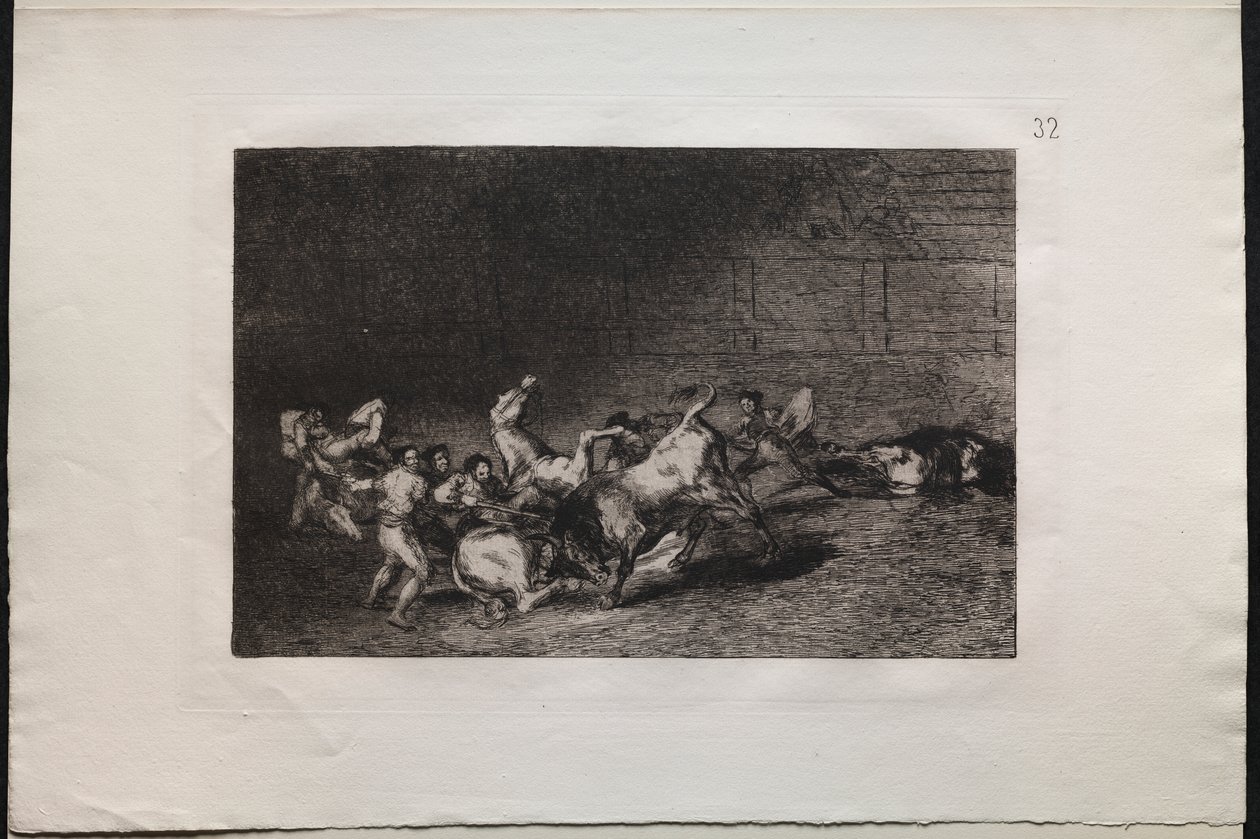Tjurfäktningar: Två lag av Picadors som kastas efter varandra av en enda tjur av Francisco de Goya