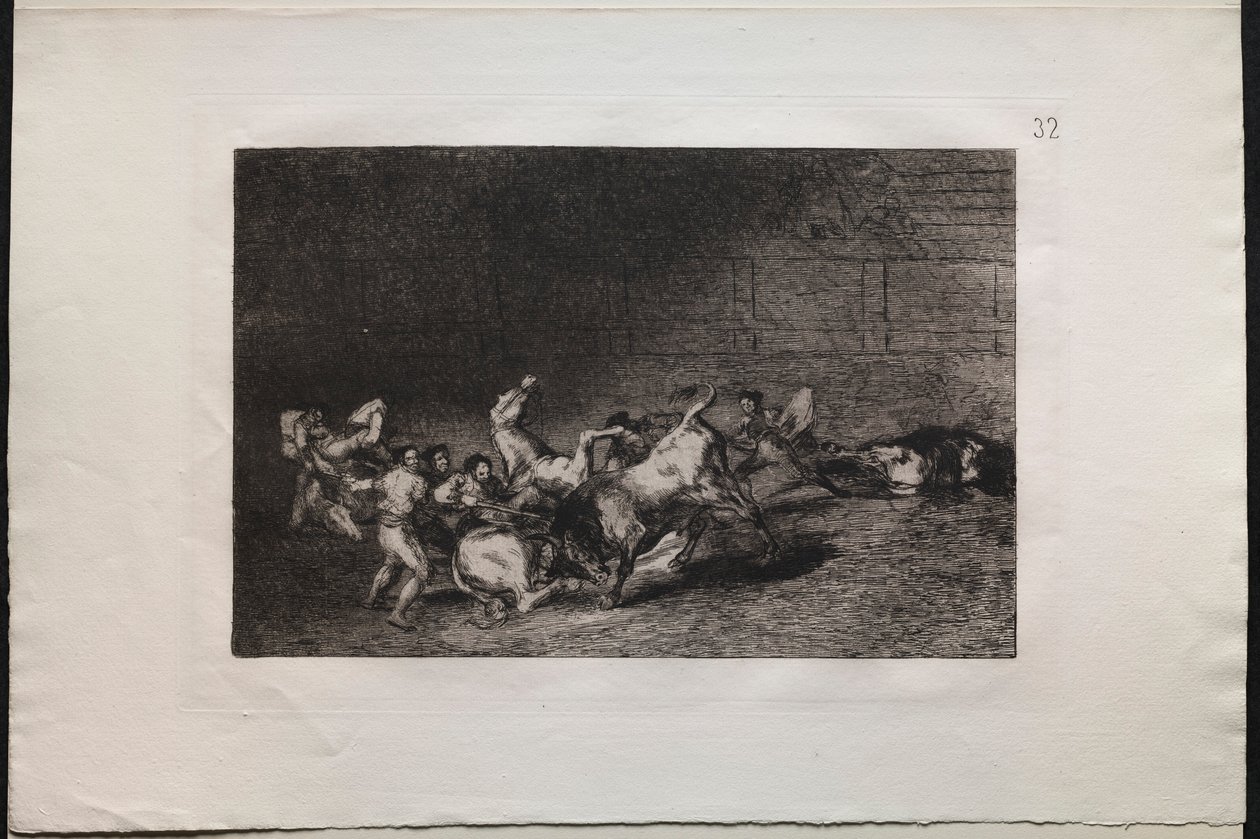 Tjurfäktningar: Två lag av Picadors kastade den ena efter den andra av en enda tjur, 1876. av Francisco de Goya