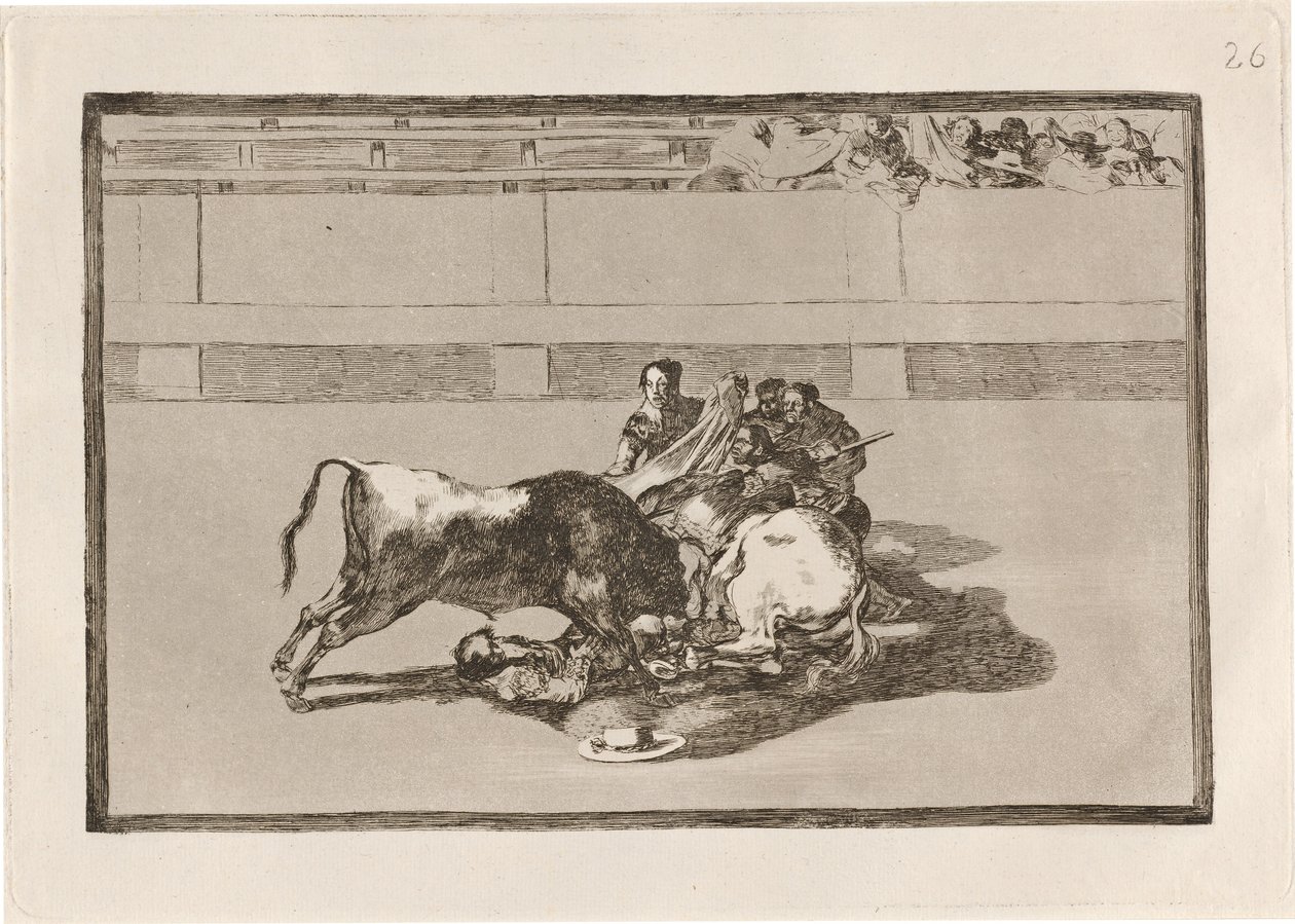 Fall av en picador från sin häst under tjuren (A Picador är unhorsed och faller under tjuren) av Francisco de Goya