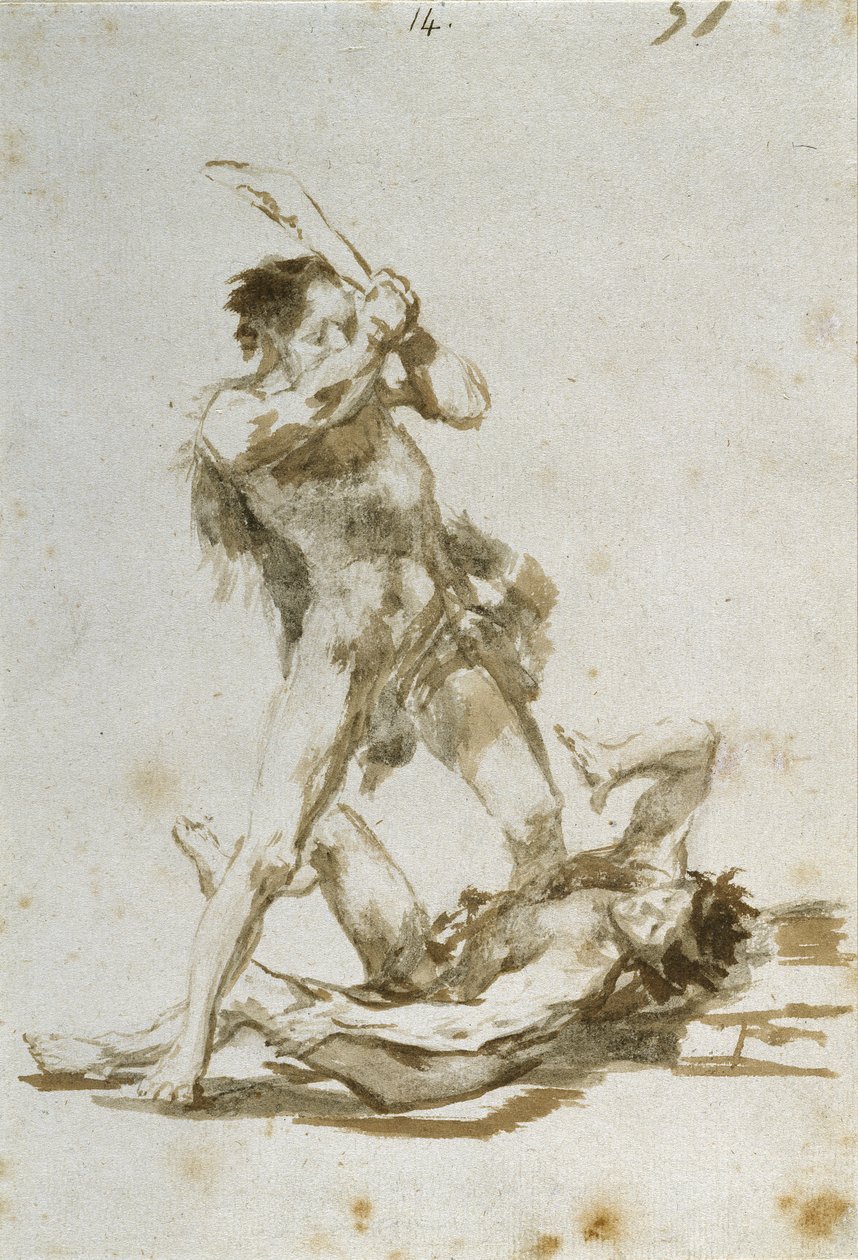 Kain och Abel (borste & brun tvätt på papper) av Francisco de Goya