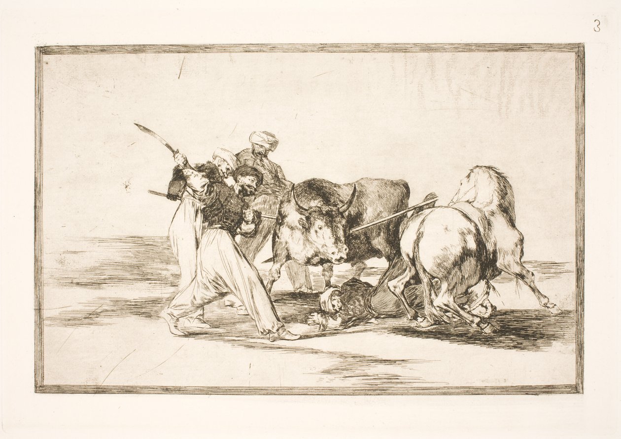 Morerna, som bosatte sig i Spanien och övergav vidskepelsen på Koranen, skaffade sig konsten att jaga och spetsa en tjur på slätten av Francisco de Goya