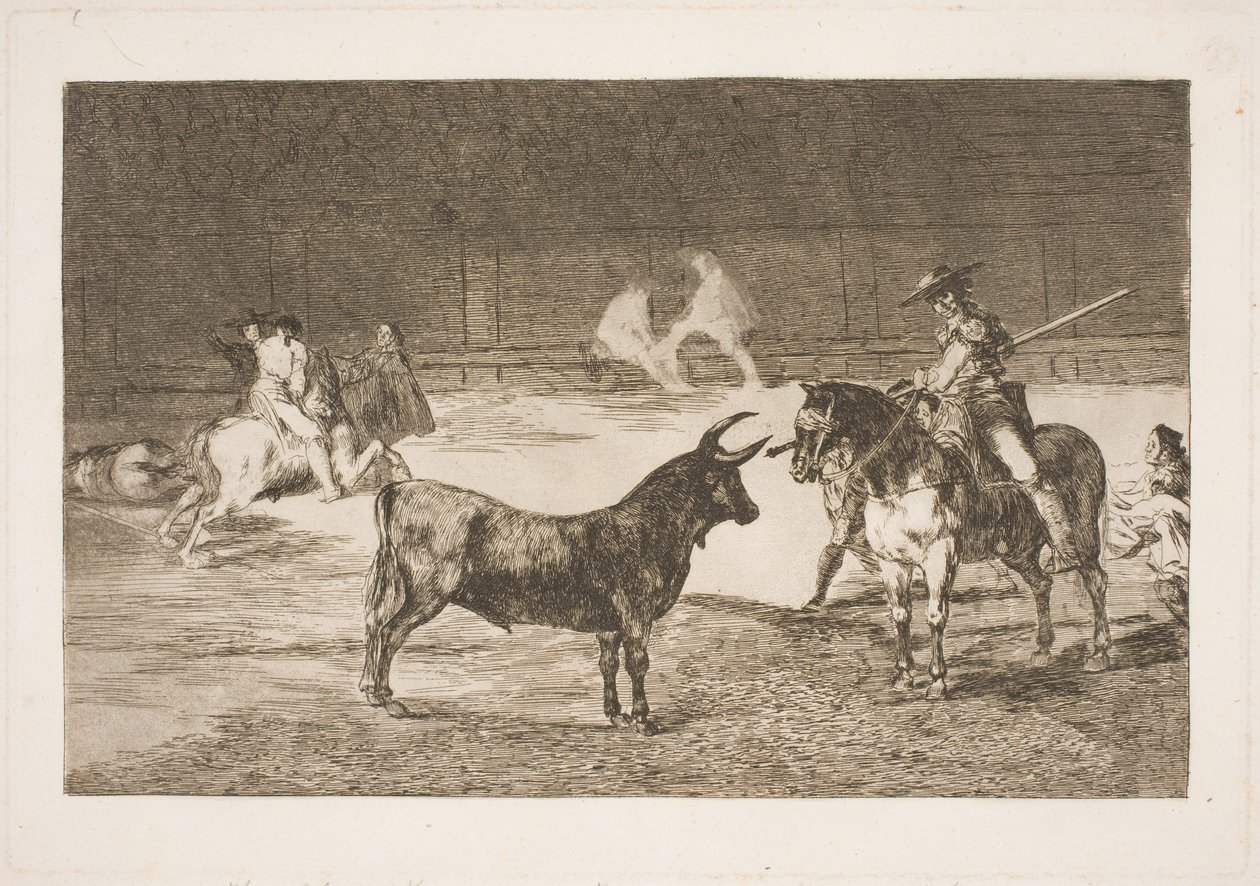 Den hyllade picadoren, Fernando del Toro, provocerar olme-tjuren med sin lans av Francisco de Goya