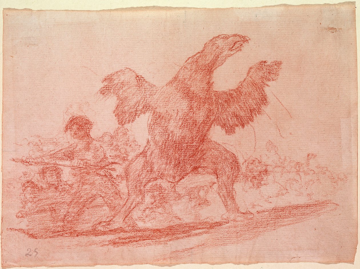 Krigets Destres: "" Den köttätande gamen"" Representation av anhängarna av Ferdinand VII av Spaniens monarki som djur. Förberedelseteckning med röd blyerts för etsning n.76 av Francisco de Goya y Lucientes (1746-1828). 1810-1812. Madrid. Prad av Francisco de Goya