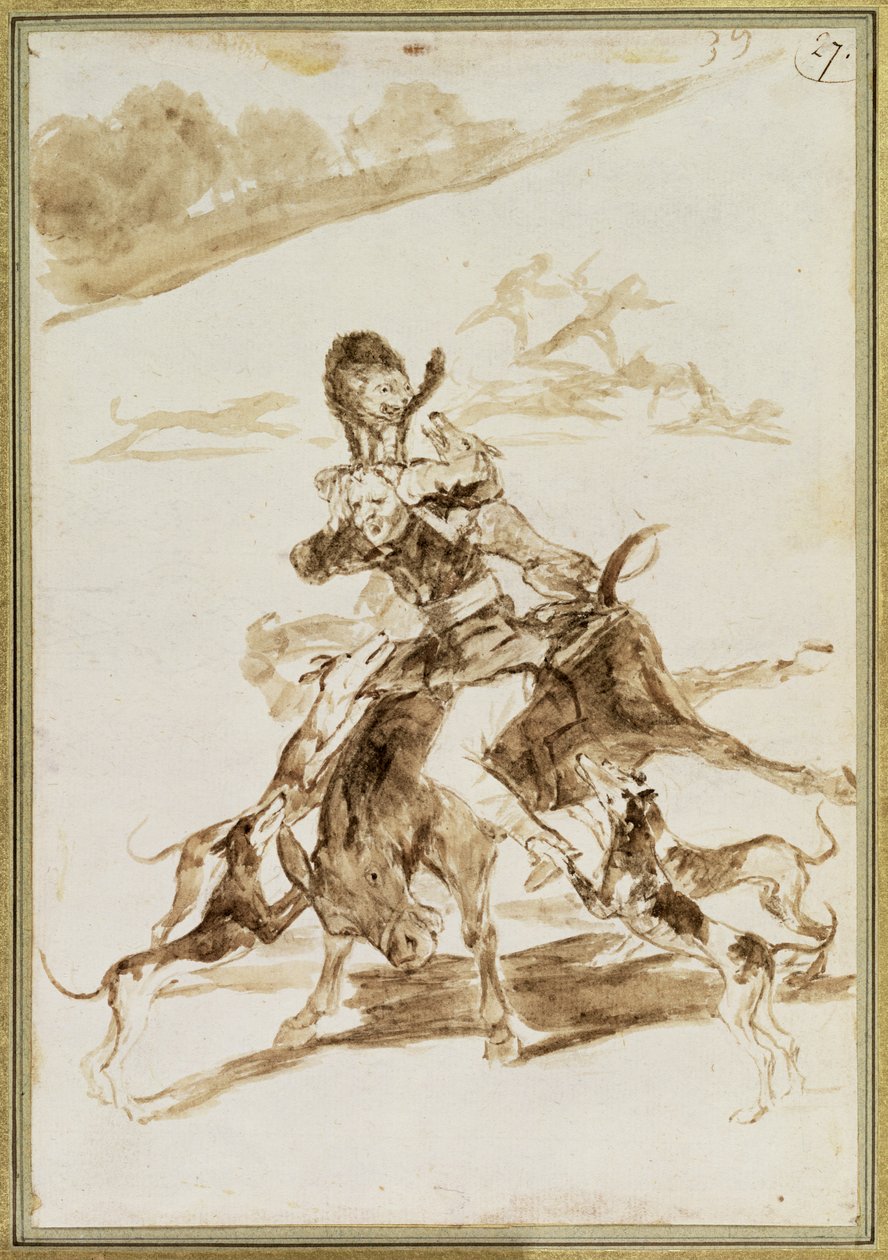 Hundar som attackerar en man på en mula (wc på papper) av Francisco de Goya