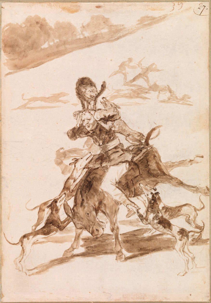 Hundar som jagar en katt på en man på en åsna av Francisco de Goya