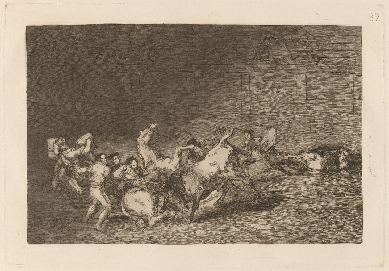 Två lag av Picadors kastade efter varandra av en enda tjur av Francisco de Goya