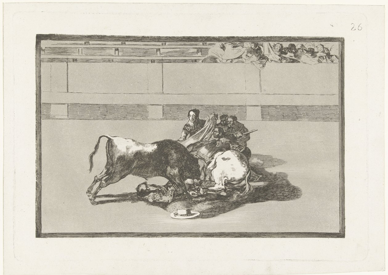 En picador har slagits av sin häst och ligger under tjuren Caida de un picador de su caballo debajo del toro La Tauromaquia (serietitel) Tjurfäktning (serietitel) av Francisco de Goya