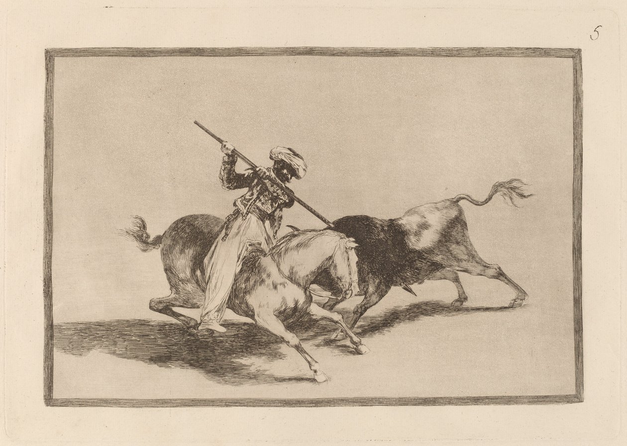The Spirited Moor Gazul är den första att spjuta tjurar i ordning (The Spirited Moor Gazul är den första att spjuta tjurar enligt regler) av Francisco de Goya