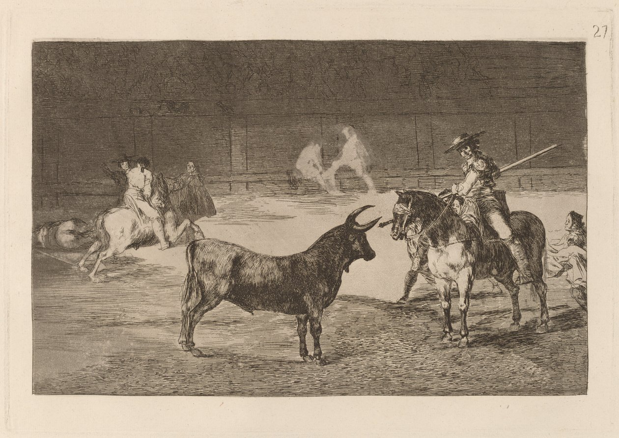 Den hyllade Fernando del Toro, barilarguero, tvingar odjuret med sin stång (Den hyllade Picador, Fernando del Toro, drar det häftiga odjuret på med sin piké) av Francisco de Goya