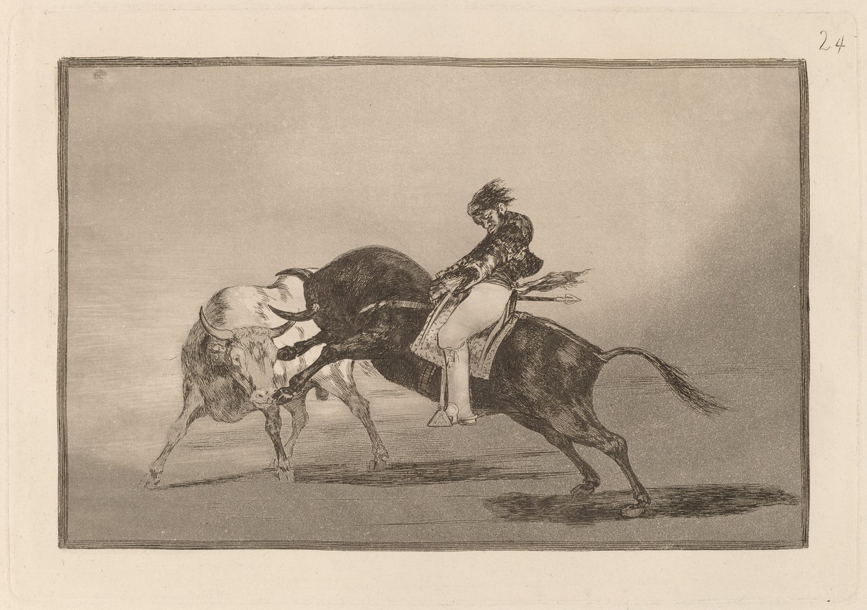 Samma Ceballos monterad på en annan tjur bryter Rejones på Plaza de Madrid (Samma Ceballos monterad på en annan tjur bryter korta spjut i ringen i Madrid) av Francisco de Goya