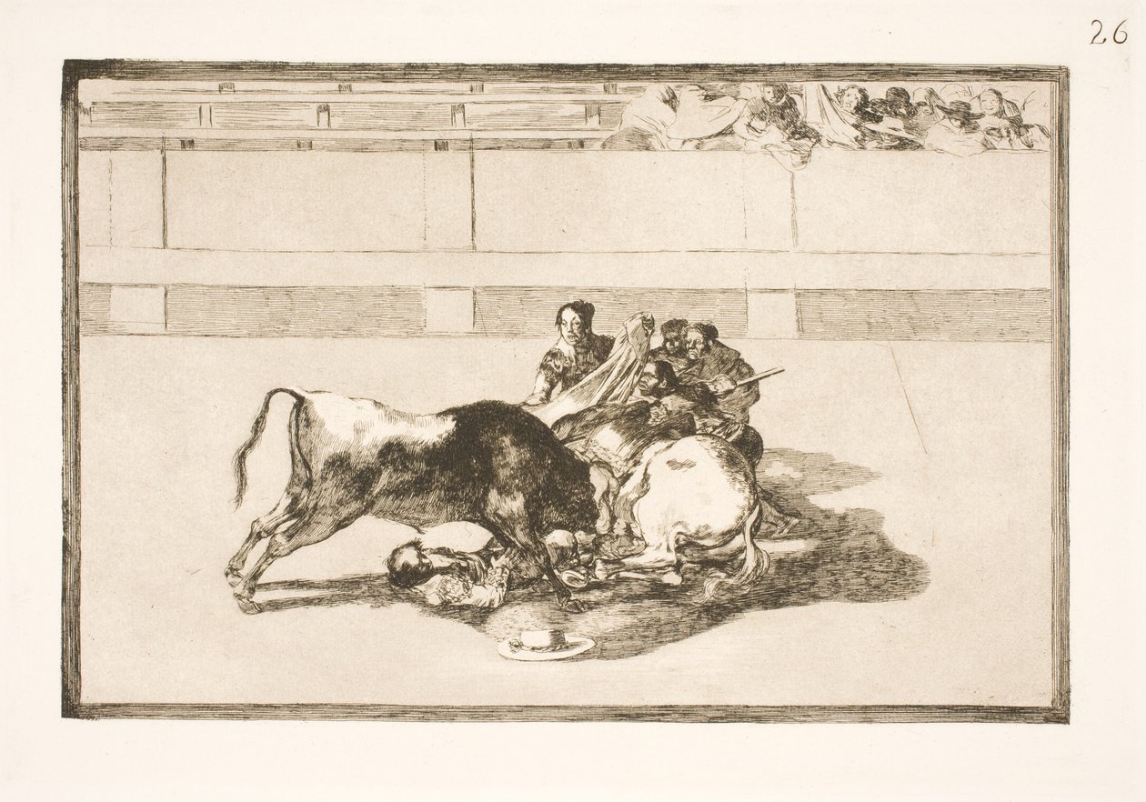 En picador kastas från hästen och kraschar under tjuren av Francisco de Goya