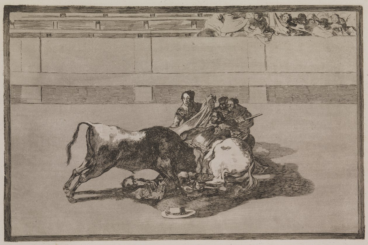 En picador kastas från hästen och kraschar under tjuren av Francisco de Goya
